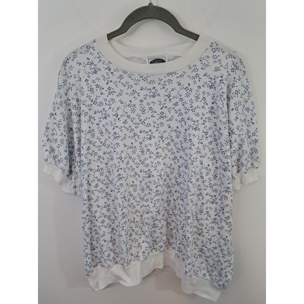 Vintage Classic Essentials White Blue Floral Dolman Sleeve Size 20 Grannycore